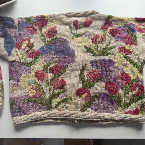 Peruvian Connection Pima Cotton Floral Knit Cardigan Sweater –‎ Size S Cream - Picture 6 of 9